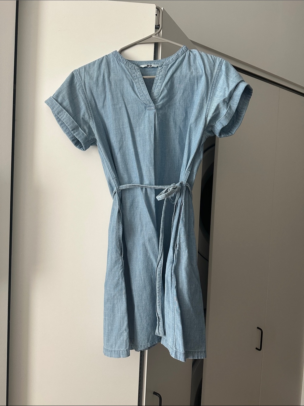 Light Blue Short Sleeve Denim Dress with Tie Waist